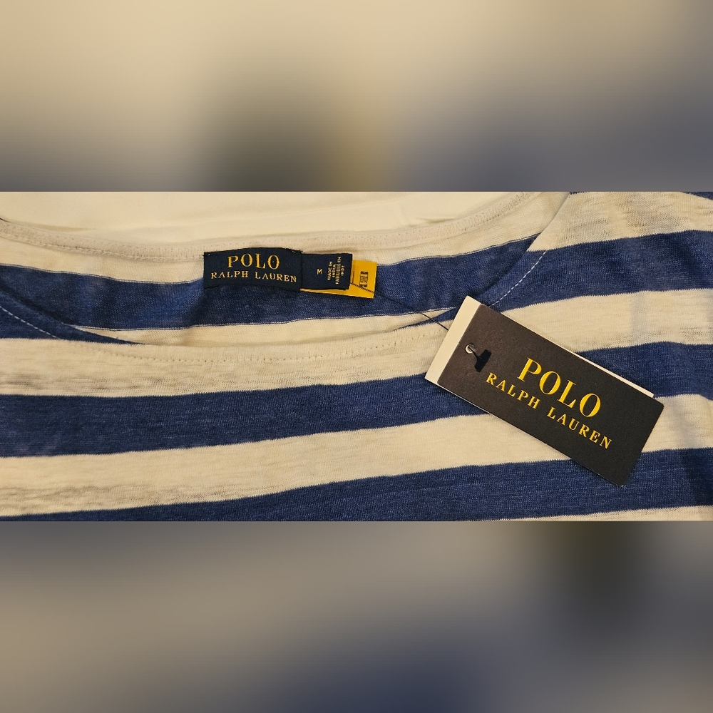 POLO Ralph Lauren 100% Linen Blue & White Stripe Dress W/ Tie Front: Size- M - Picture 4 of 9